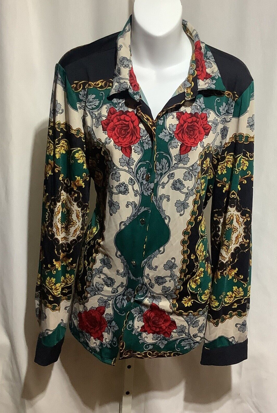 Haute Project Los Angeles Womens Large Blouse Baroque Rose Chain Print Shirt Top